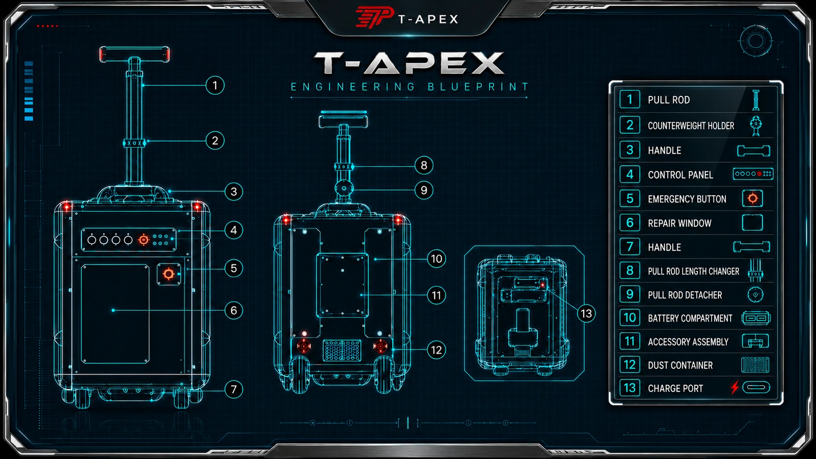 T-APEX engineering blueprint — front, rear and base views with 13 numbered components